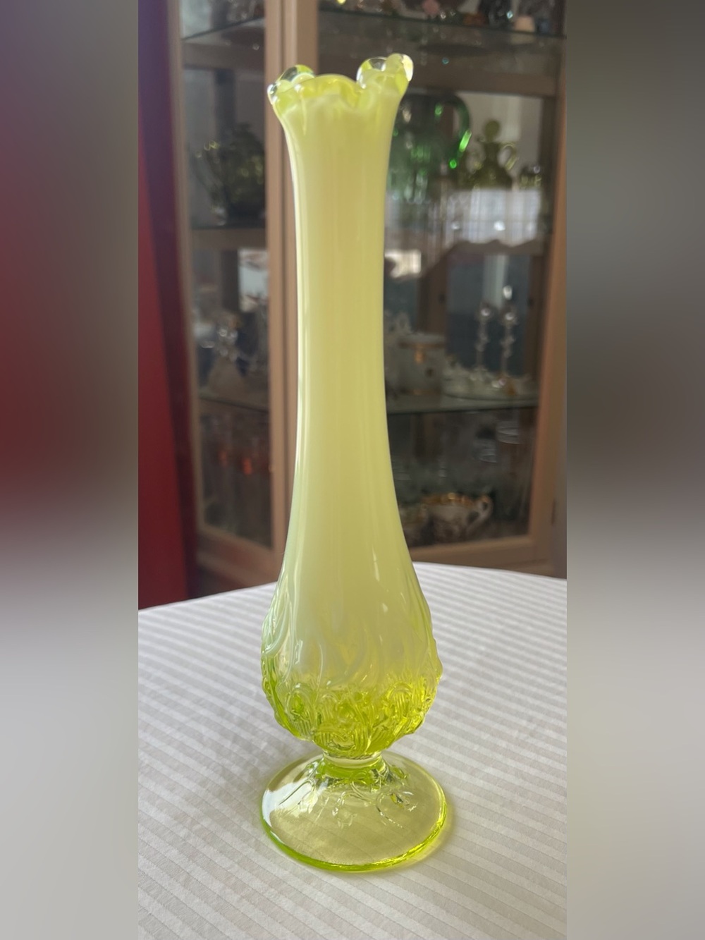 Fenton Topaz Opalescent Vaseline Glass Lily of the Valley Swung Vase 10" Glows⁠